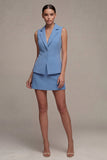 Steel Blue 2 Piece Notched Lapel Slim Fit Single Breasted Short Business Dress