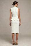 White Midi 2 Piece Notched Lapel Single Breasted Business Dress with Slit