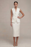 Single Breasted White Midi 2 Piece Notched Lapel Business Dress with Back Slit