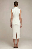 Single Breasted White Midi 2 Piece Notched Lapel Business Dress with Back Slit