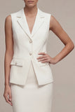 Single Breasted White Midi 2 Piece Notched Lapel Business Dress with Back Slit