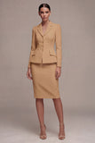 Ivory Long Sleeves 2 Piece Notched Lapel Midi Business Dress with Slit