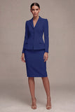 Ivory Long Sleeves 2 Piece Notched Lapel Midi Business Dress with Slit