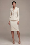 Ivory Long Sleeves 2 Piece Notched Lapel Midi Business Dress with Slit