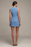 Steel Blue 2 Piece Round Neck Short Single Breasted Business Dress