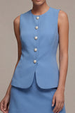 Steel Blue 2 Piece Round Neck Short Single Breasted Business Dress
