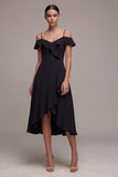 Cold Shoulder A Line High Low Little Black Dress with Ruffles