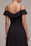 Cold Shoulder A Line High Low Little Black Dress with Ruffles