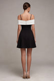 Black and White Cold Shoulder A Line Cocktail Dress with Bow