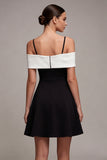 Black and White Cold Shoulder A Line Cocktail Dress with Bow