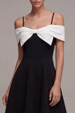 Black and White Cold Shoulder A Line Cocktail Dress with Bow