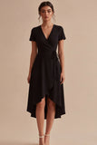 A Line High Low V-Neck Short Sleeves Little Black Dress with Pockets