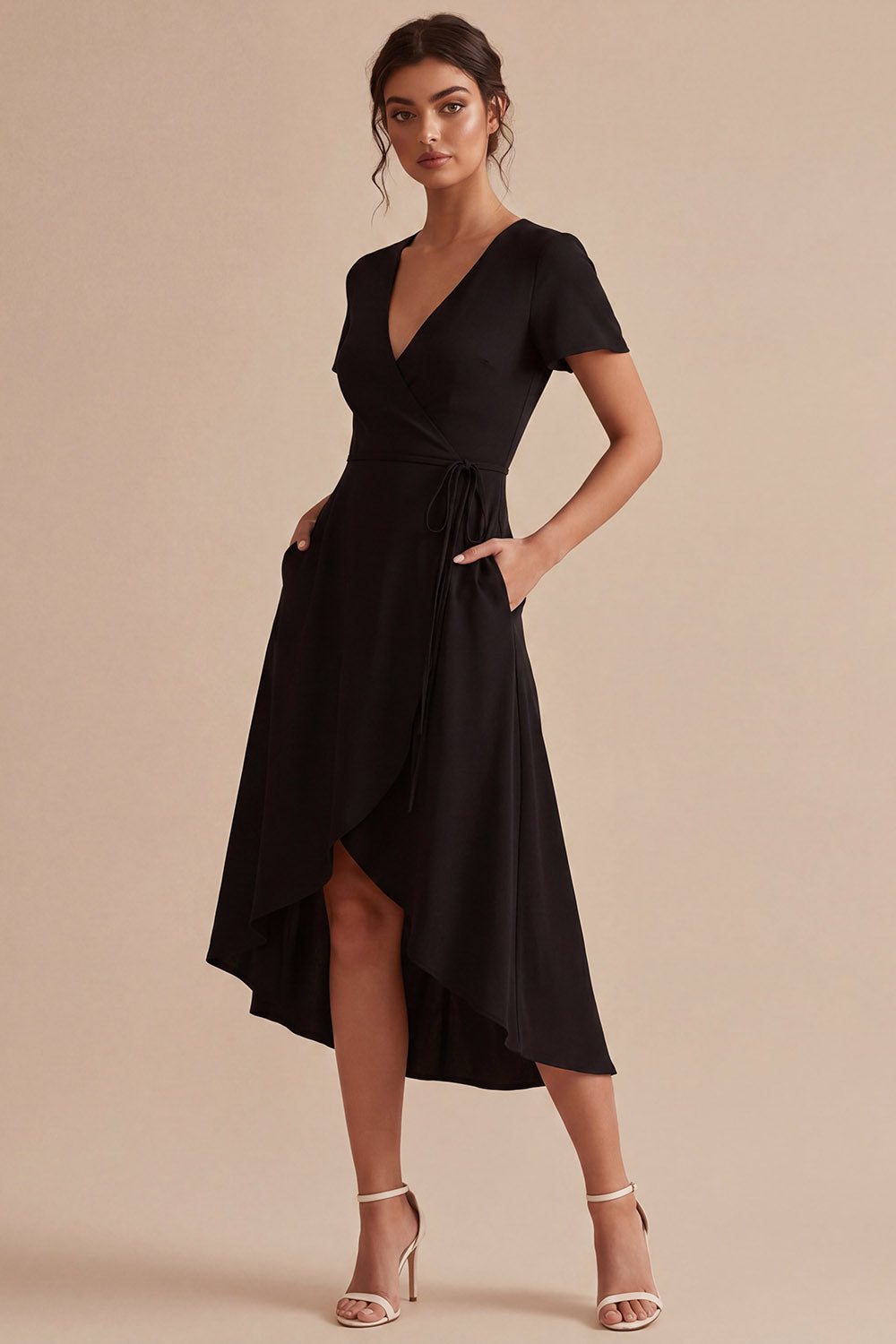Zapaka Women High Low Little Black Dress with Pockets V-Neck Short Sleeves A Line Cocktail Dress, Black / US26W