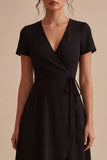 A Line High Low V-Neck Short Sleeves Little Black Dress with Pockets
