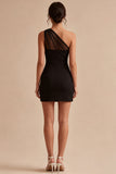 One Shoulder Ruched Mesh Tight Little Black Dress