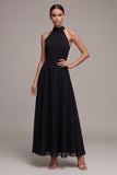 Black Backless Halter A Line Long Formal Dress