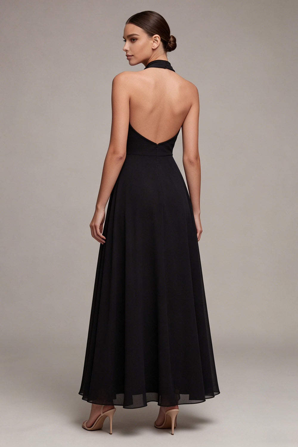Zapaka Women Black Chiffon Formal Dress Halter Backless A Line Long Black Tie Dress, Black / US2