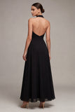 Black Backless Halter A Line Long Formal Dress