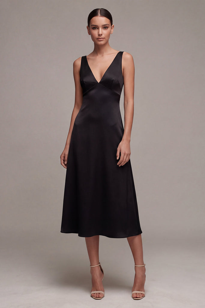 Zapaka Women Black Long Satin Formal Dress V-Neck A Line Cocktail Dress