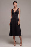 Black A Line Satin Long V-Neck Formal Dress