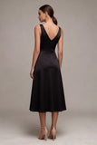 Black A Line Satin Long V-Neck Formal Dress