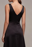 Black A Line Satin Long V-Neck Formal Dress