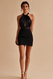 Keyhole Round Neck Ruched Tight Little Black Dress
