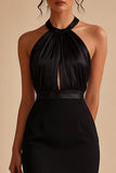 Keyhole Round Neck Ruched Tight Little Black Dress