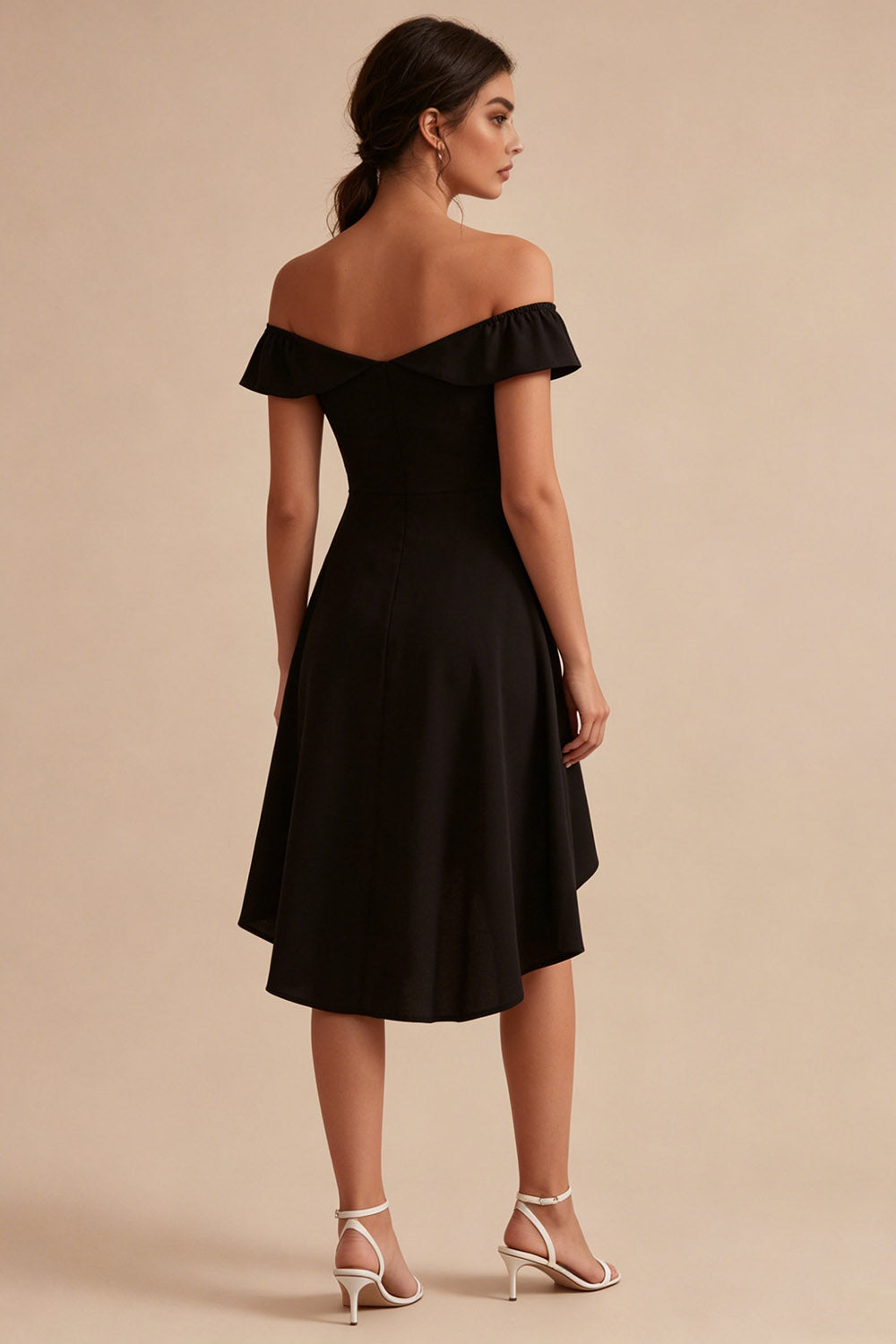 Zapaka Women Black High Low Cocktail Dress Satin Off the Shoulder A ...