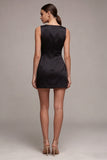 Keyhole Satin Boat Neck Tight Little Black Dress