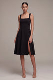 Black Square Neck A Line Midi Formal Dress with Slit