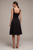 Black Square Neck A Line Midi Formal Dress with Slit