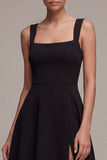 Black Square Neck A Line Midi Formal Dress with Slit
