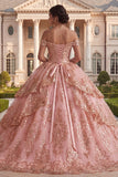 Off the Shoulder Pink Ruffled Ball Gown Quinceanera Dress
