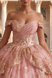 Off the Shoulder Pink Ruffled Ball Gown Quinceanera Dress