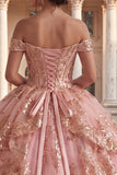 Off the Shoulder Pink Ruffled Ball Gown Quinceanera Dress