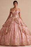 Off the Shoulder Pink Ruffled Ball Gown Quinceanera Dress