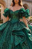 Dark Green Ruffled Off the Shoulder Ball Gown  Quinceanera Dress