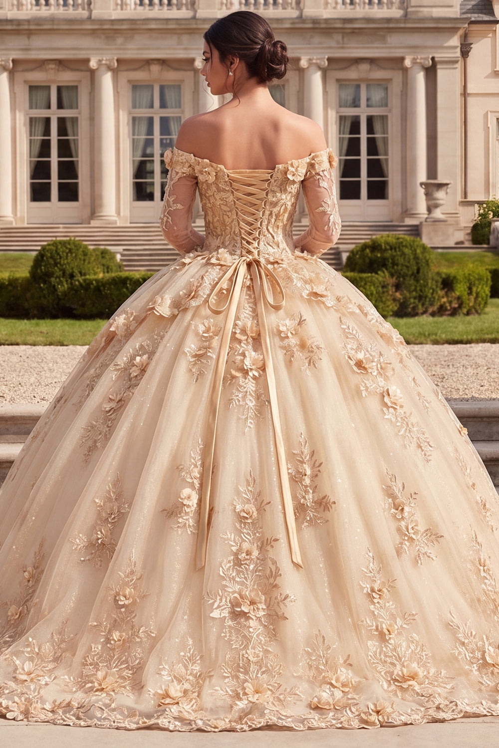 ZAPAKA Women Corset Quinceanera Dress with 3D Flowers Champagne Long Sleeve Ball Gown Appliqued Off The Shoulder Sweet 16 Dress, Champagne / US20W