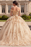 Corset Champagne Off The Shoulder Ball Gown Quinceanera Dress with 3D Flowers