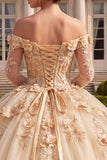 Corset Champagne Off The Shoulder Ball Gown Quinceanera Dress with 3D Flowers