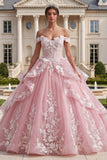 Pink Off the Shoulder Appliqued Ruffled Ball Gown Quinceanera Dress