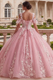 Cold Shoulder Pink Appliqued Ball Gown Quinceanera Dress