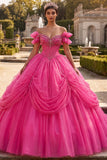 Fuchsia Off the Shoulder Beaded Ball Gown Quinceanera Dress