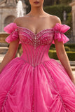Fuchsia Off the Shoulder Beaded Ball Gown Quinceanera Dress