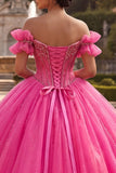 Fuchsia Off the Shoulder Beaded Ball Gown Quinceanera Dress