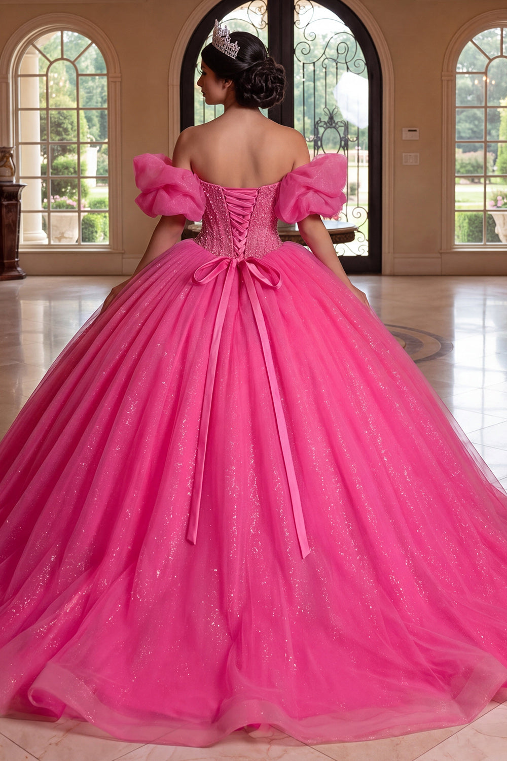 Zapaka Women Sparkly Quinceanera Dress Off The Shoulder Fuchsia Corset Ball-Gown Sweet 16 Dress, Fuchsia / US16