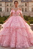 Off The Shoulder Pink Ball-Gown Ruffled Appliqued Quinceanera Dress