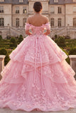 Off The Shoulder Pink Ball-Gown Ruffled Appliqued Quinceanera Dress