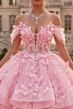 Off The Shoulder Pink Ball-Gown Ruffled Appliqued Quinceanera Dress